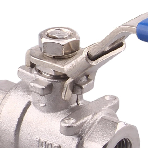 Close-up of a stainless steel 304 ball valve with blue lever handle and top hex nut (1/4" NPT)
