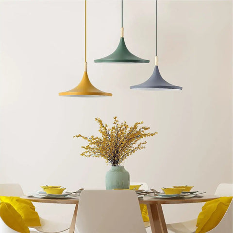 Three Color Barn Pendant Light Set In Nordic Macaron Style With Green Yellow And Smoke Gray Domes over dining table