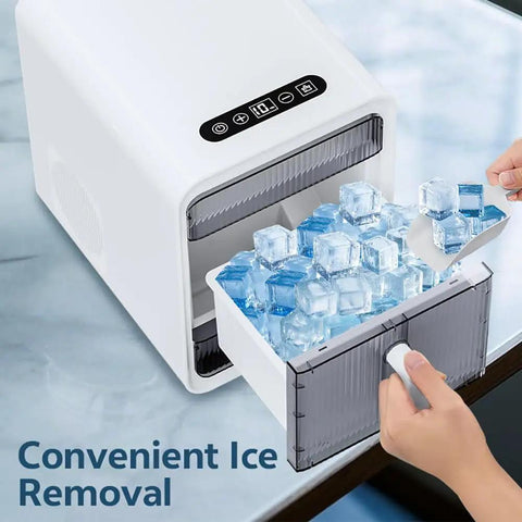 Compact Nugget Ice Maker With Self Cleaning Countertop Design Produces Crisp Chewable Ice Quick As A Wink For Home Bars And Rv Trailers No Fuss Operation And Slick Pull Out Drawer Keeps Your Setup Sweet showing ice removal.