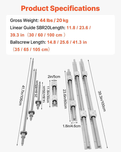 All-In-One Pro-Grade Linear Guide Rail Kit SBR20 300/600/1000 Mm With RM1605 350/650/1050 Mm C7 Ballscrews BK BF12 Supports Couplings Optical Axis Shaft For CNC Milling Grinding And 3D Printing Systems, specs chart