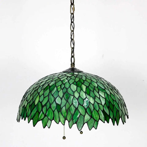 Showpiece Tiffany Style Pendant Light Fixture With Green Wisteria Stained Glass, 16 Inch Wide Shade, 40 Inch Overall Height Hanging Lamp, Antique Bronze Finish, Hardwired With Pull Chain, S523 Series, close view of shade detail.