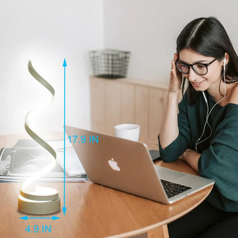 Woman working at desk with 17.9-inch Spiral LED Desk Lamps Set Of 2 10W Modern Bedside Lights with 3 Color Modes and Stepless Dimming