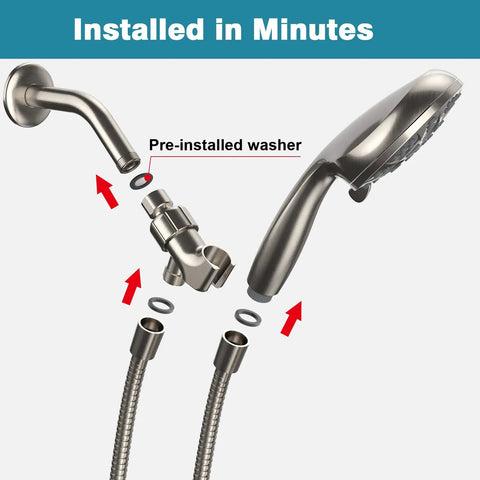 Installation guide for Filtered Shower Head With Handheld High Pressure Shower Head With Filter, showing parts and connectors.