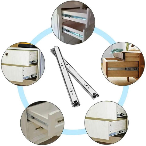 Side Mount Drawer Slides With Ball Bearing Tracks For Smooth Glide Built Tough Heavy Duty Metal Drawer Runners For Home Cabinets Soft Close Double Rail Design 2 Pack 8 Inch 200mm in use on various drawers.