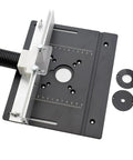 Heavy Duty Aluminum Alloy Router Table Insert Plate Trio featuring precision drilled holes, ruler, and two insert rings.