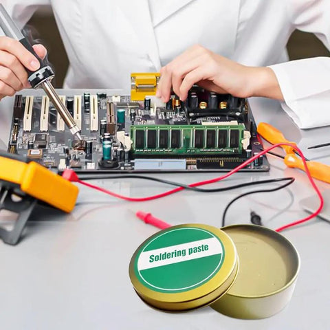 Precision electronics soldering with 100G Pro Grade Soldering Flux Paste, lead free, no clean, low 60C melting point in open tin