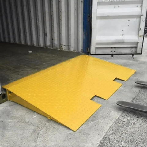 Heavy Duty Steel Shipping Container Ramp For Trucks And Forklifts 16000 Pound Diamond Plate Bridge in yellow for easy loading.