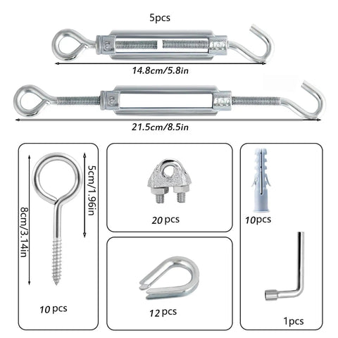 Three Sixteenth Inch Wire Rope Tensioner Kit With 100 Foot PVC Coated Steel Cable 7x7 Strand Core Turnbuckles and Clamps