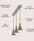 Apollo Style 33.5 Inch Gray And Brass Gold Mid Century Modern Iron LED Pendant With Black Metal Shade Adjustable Hanging Ceiling Light For Kitchen Island And Hallway LED Bulb Included, showing three cone shades on adjustable rods.