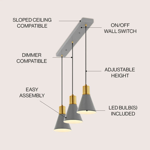 Apollo Style 33.5 Inch Gray And Brass Gold Mid Century Modern Iron LED Pendant With Black Metal Shade Adjustable Hanging Ceiling Light For Kitchen Island And Hallway LED Bulb Included, showing three cone shades on adjustable rods.
