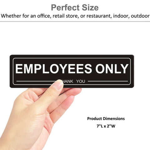 Person holding Four Pack Self Adhesive Employees Only Sign For Doors, Built To Last With 80Mil Acrylic, Staff Only Sign, 7x2 Inches, Black
