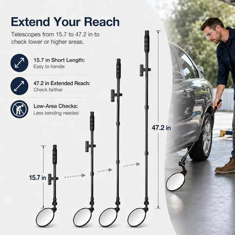 8 Inch Under Vehicle Inspection Mirror With LED Light telescoping handle shown extended to 47.2 in for car underside checks