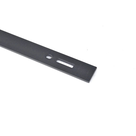 Close-up of flat rail from Bi Fold Barn Door Hardware Kit for Two Doors in Matte Black, showing mounting holes.