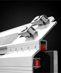 Close-up of Straight Up Heavy Duty Chamfer Frame Miter Saw Jig showing quick lock mount mechanism for 45 degree tile trimming.