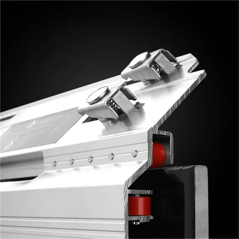 Close-up of Straight Up Heavy Duty Chamfer Frame Miter Saw Jig showing quick lock mount mechanism for 45 degree tile trimming.