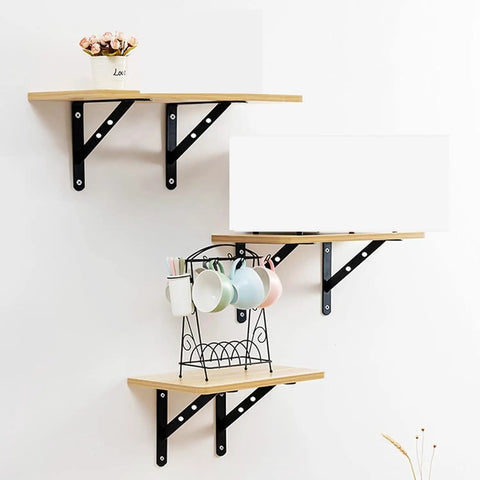 Heavy Duty Triangle Corner Brackets Built Tough For Floating Shelves And Scaffold Boards Rock Solid Right Angle Wall Mounts Kickass Steel Hardware For Your Next Project Pack Of Two on wooden shelves.
