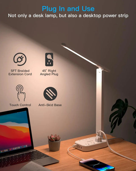 Clean Vibes Led Desk Lamp With Power Strip And 5 Ft Extension Cord showcasing touch control and anti-skid base features.