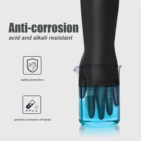 Heavy Duty Chemical Resistant Rubber Gloves 22 Inch Xl Natural Latex in beaker, showcasing acid and alkali resistance.
