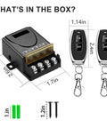 Components of Beefy Heavy Duty Wireless Remote Control Switch Kit with 30A Relay for DC 12V 24V 48V 72V, including two remotes and screws.