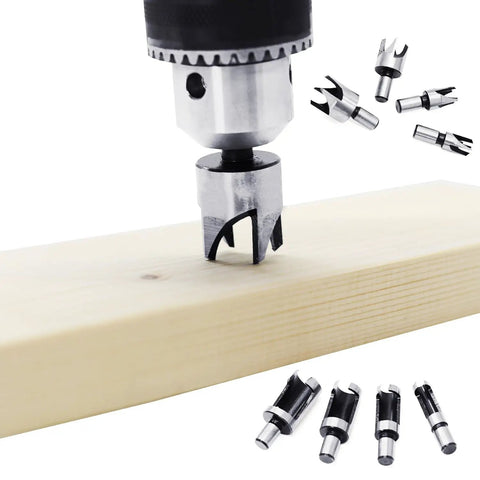 Kickass Eight Piece Wood Plug Cutter Drill Bit Set Made From Heavy Duty Carbon Steel And Titanium Coating for cutting wood.