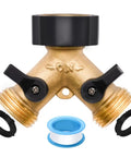 Solid Brass Garden Hose Splitter Tee Adapter fits 3/4 Inch fittings with rubber gasket and Teflon tape, showing two outlets.