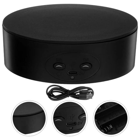 Close-up view of Sturdy 360 Degree Electric Silent Rotating Display Stand For Jewelry Watches And Glass Cups with USB port.