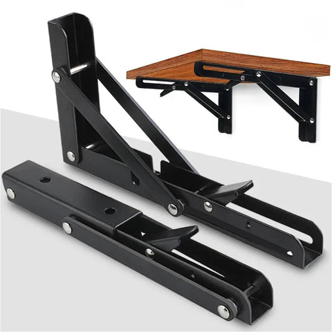 Two Pack Black Triangle Folding Angle Brackets For Heavy Duty Wall Shelves And Tool Mounts, foldable, metal design