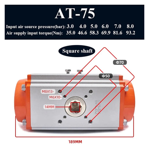 Heavy Duty Pneumatic Ball Valve Actuator Rigged For Precise 90 Degree Turns showing dimensions and specifications of the AT-75 model.