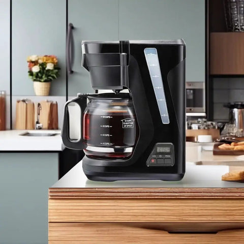 FrontFill Drip Coffee Maker Digital Programmable 12 Cup Glass Carafe Black And Silver With Easy Fill Reservoir And Swing Open Brew Basket For Space Saving Under Cabinet Kitchens in a modern kitchen