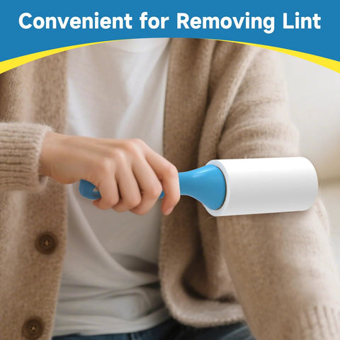 Person using Extra Sticky Lint Roller With 600 Sheets, Easy Spiral Tear For Effortless Sheet Removal, Ergonomic Handle
