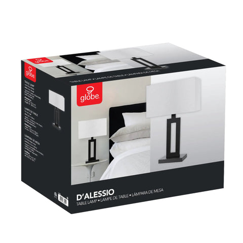 D'Alessio Table Lamp In Matte Black With Modern Cutout Body And White Linen Shade, product packaging box display