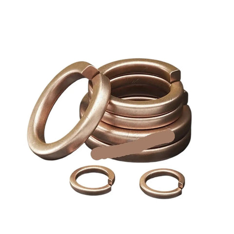 Brass spring lock washers for M3 to M12 fasteners in split lock gasket design to keep bolts from loosening under vibration.