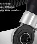 Close-up of drill with plate shears attachment cutting metal, featuring a 40mm titanium steel disc for spark-free burr-free cutting.