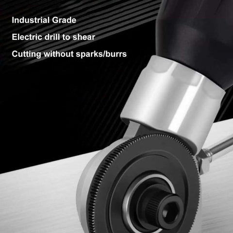 Close-up of drill with plate shears attachment cutting metal, featuring a 40mm titanium steel disc for spark-free burr-free cutting.
