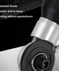 Heavy Duty Electric Drill Sheet Metal Cutter Attachment Ti Steel Blade 40mm Disc Tool showing shearing mechanism for spark-free cutting.