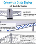 Close-up of chrome wire shelving showing V-shaped design and NSF certification for Beefy 6 Tier Wire Shelving Unit With Wheels And Liners.