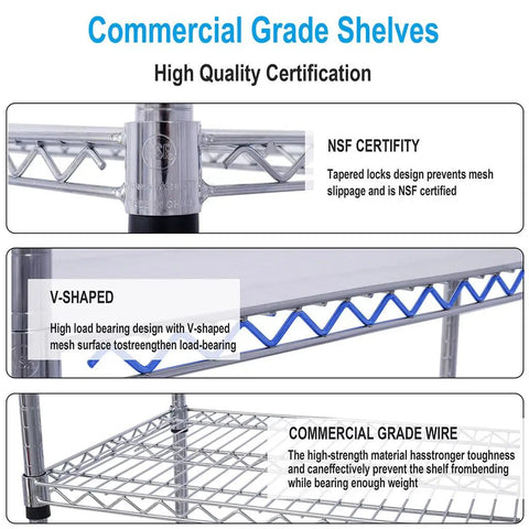 Close-up of chrome wire shelving showing V-shaped design and NSF certification for Beefy 6 Tier Wire Shelving Unit With Wheels And Liners.