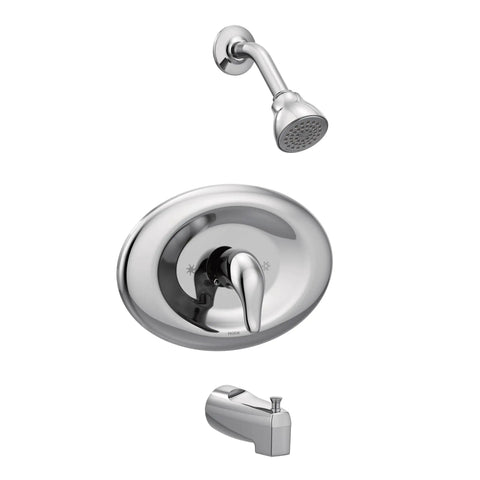 Chateau Chrome All-In-One Single-Handle Posi-Temp Eco-Performance Shower Faucet Set With Valve Included, sleek and modern design.