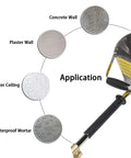 Tough As Nails Stucco And Mortar Sprayer Built For Smooth Wall Texture Applications With Large Stainless Steel Hopper, showcasing application on various surfaces.
