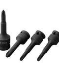 Hardened Cr-V Steel 4 Piece 3/8 Inch Square Drive Socket Adapter Kit With Ph1 To Ph4 Cross Bit Converter For Impact Driver Tools Built Tough For Heavy Duty Jobs And Long Lasting Life, four black PH bits