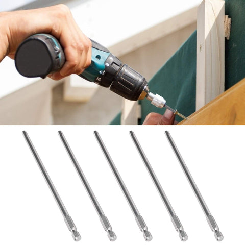 Rock Solid 10 Piece Electric Screwdriver Bit Set Made From Tough S2 Alloy Steel With 5mm Hex Shafts And 150mm Length in use with drill.