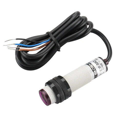 Retroreflective Photoelectric Sensor Switch E3F R4N3 DC 10 To 30V NPN No And NC Outputs 4 Meter Sensing Range M18 Thread Reflector Panel Included Plug And Play Industrial Automation Sensor For Easy Setup, M18 threaded cylindrical sensor with wired cable