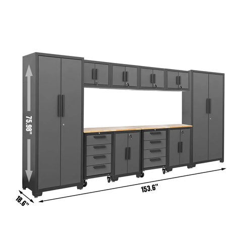 12 Piece Garage Storage Cabinet Set With Lockers Shelves Wood Workbench And Wall Cabinets For A Spotless Workshop Organization Built With Durable Steel Construction Delivers Ample Drawer Cabinets Tall Cabinets And Wall Storage In Black And Gray