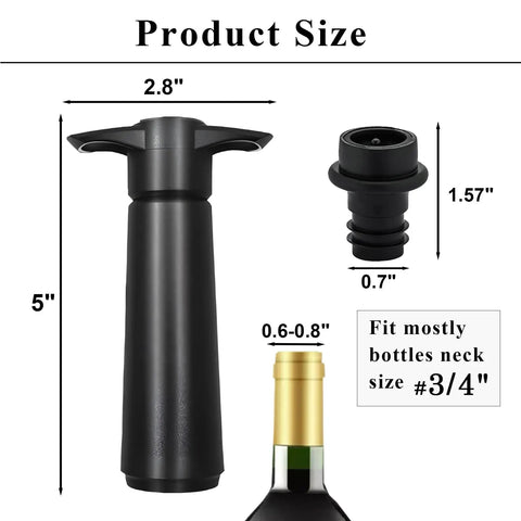 Product dimensions for Keep Wine Fresh Up To 7 Days With This Reusable Vacuum Pump And Four Stopper Set, shown with measurements