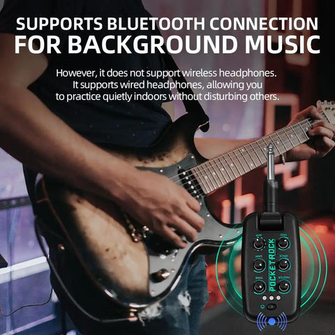Guitar Headphone Amp With 9 Simulation Tones USB Rechargeable Pocket Effects Unit Wireless OTG Recording Portable Practice Amp For Electric Guitar Easy To Use On The Go 5 Hour Battery Life, shown connected to an electric guitar