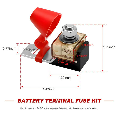 Heavy Duty MRBF Terminal Fuse Block, 300 Amp 58 Volt DC Single Stud Battery Fuse Kit with red weatherproof lid and steel hardware.