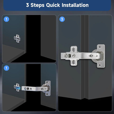 3 steps quick installation guide for Kickass Corner Cabinet Hinges 2 Pack For Lazy Susan Setups Featuring 135 Degree Bi Fold Doors.