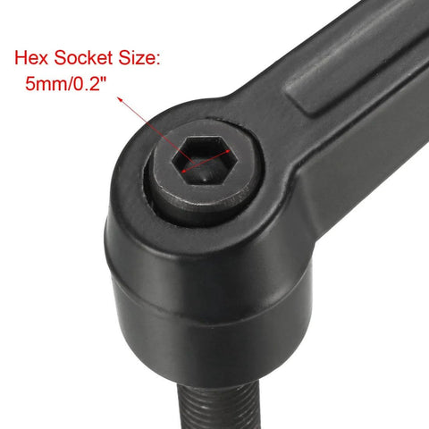 Close-up of M10 30mm Adjustable Clamping Lever Handle with Push Button Locking Ratchet, showing 5mm hex socket and threaded stud