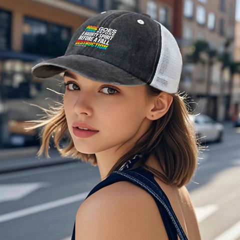 Proverbs 16 18 Dope Mens Trucker Hat With Cool Tennis Style on woman, city background