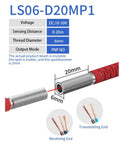 Diagram of Miniature Laser Photoelectric Through Beam Sensor M06 08 12 To 24V DC NPN PNP Small 2mm Optical Switch with dimensions.